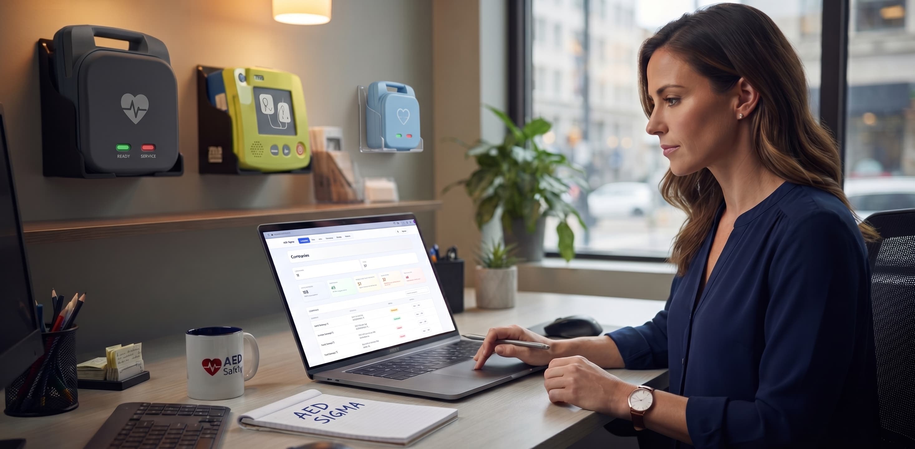 A compliance manager reviewing the AED Sigma dashboard on a laptop next to wall-mounted AEDs