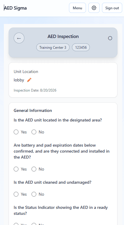 AED Sigma inspection checklist showing unit location and status questions