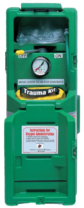 Emergency oxygen unit open, showing pressure gauge and trauma kit pouch